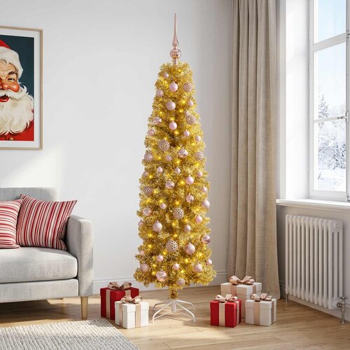  Umjetno usko božićno drvce s kuglicama 180 cm 300 LED lampica Slike
