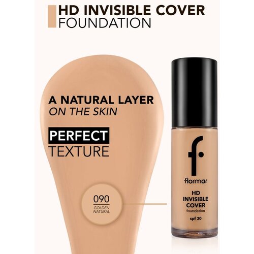 Flormar HD Invisible Cover Foundation lahki tekoči puder s posvetlitvenim učinkom SPF 30 odtenek 090 Golden Natural 30 ml Slike