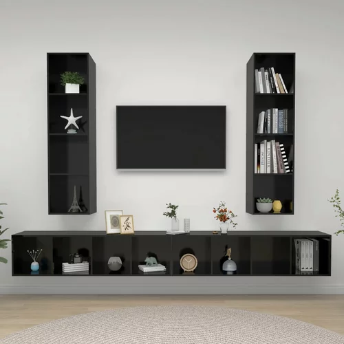 vidaXL Stenska TV omarica 4 kosi visok sijaj črne barve iverna plošča
