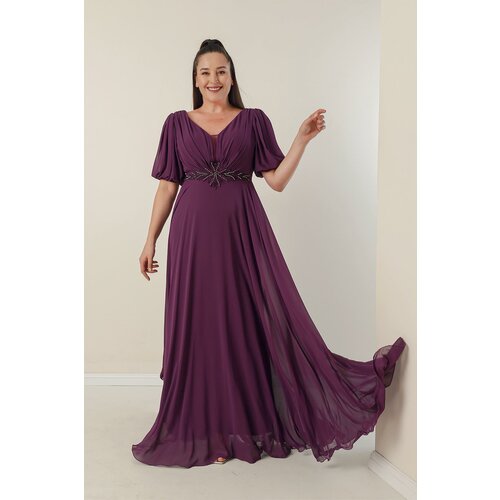 By Saygı Plus Size Long Chiffon Dress With A V-Neck Front Beaded Waist Draped and Lined Front Back Cene