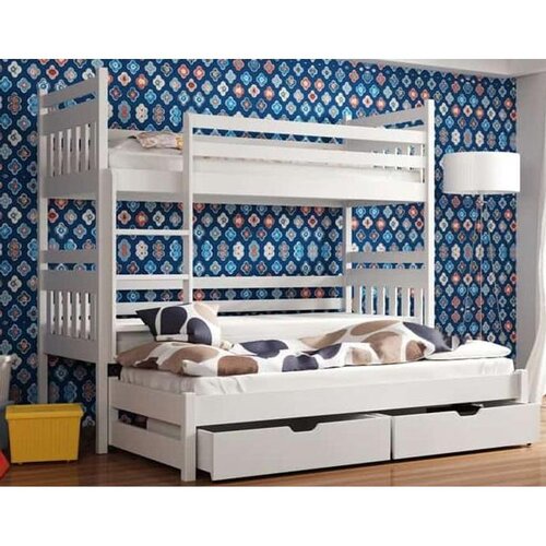 Molarem Home Drveni dječji krevet na kat Seweryn s tri kreveta i ladicom - bijeli - 200x90 cm - Bez madraca Cijene