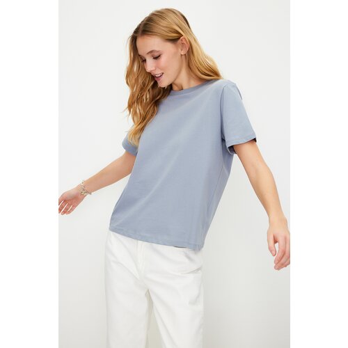Trendyol Gray 100% Cotton Basic Crew Neck Knitted T-Shirt Slike