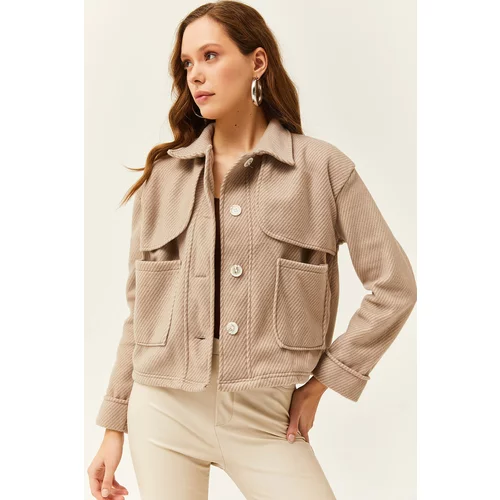 Olalook Women's Camel Pocket Buttoned Shoulder Detail Fleece Jacket