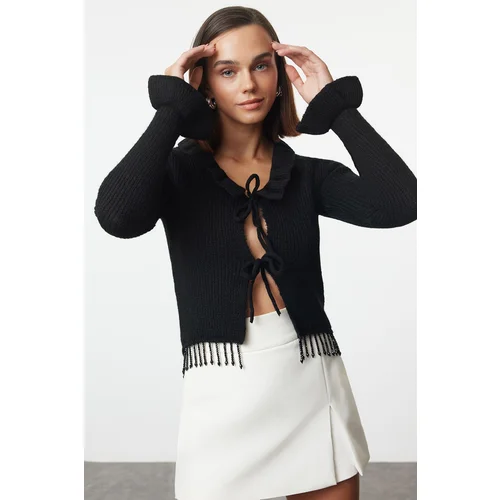 Trendyol Black Crop Soft Textured Stone Embroidered Knitwear Cardigan