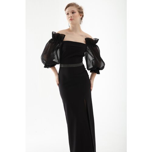 Lafaba Women's Black Balloon Sleeve and Stone Belted Long Evening Dress Slike