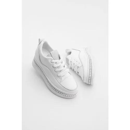 Marjin Women's Sneakers Pearl Detail Thick Sole Hidden Heel Sports Shoes Parles White
