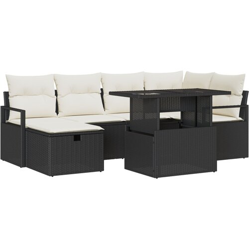 vidaXL 7-dijelni vrtni sofaset s jastučićima Crni Poli Ratan, 2-sjedilarni vrtni sofa s jastučićima Crni Poli Ratan Cijene