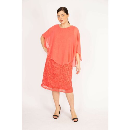 Şans Women's Pomegranate Plus Size Chiffon Lined Lace Dress with Cape Cene