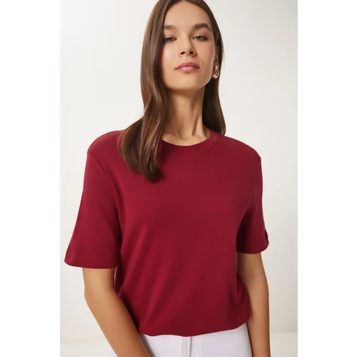 Happiness İstanbul Women's Burgundy Cotton Basic Knitted T-Shirt