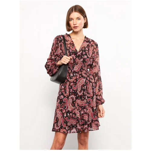 LC Waikiki V-Neck Patterned Long Sleeve Chiffon Women's Dress