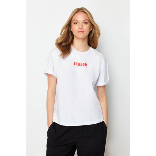 Trendyol White 100% Cotton Slogan Printed Relaxed/Comfortable Fit Crew Neck Knitted T-Shirt Cene