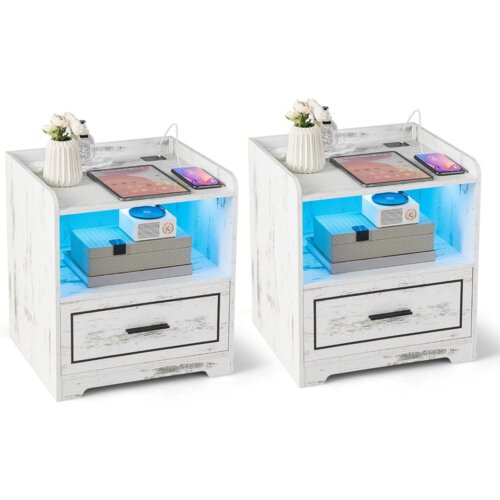 Costway Komplet 2 nočnih omaric z osvetlitvijo LED in polnilno postajo bele barve, (5000306796) Slike