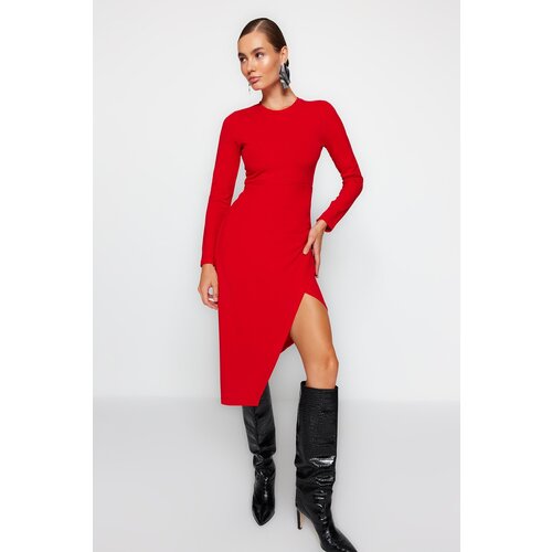 Trendyol Red Crewneck Knitted Midi Dress with a Slit Detail Fitted Body Slike