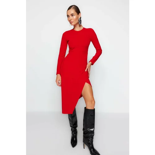 Trendyol Red Crewneck Knitted Midi Dress with a Slit Detail Fitted Body