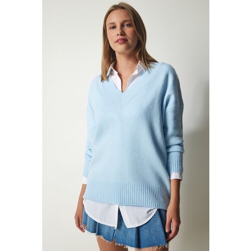 Happiness İstanbul Women's Sky Blue V-Neck Oversize Knitwear Sweater Slike