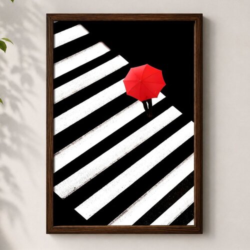 Wallxpert uramljena mdf slika 3752KACT-043, crveni ki&scaron;obran na pe&scaron;ačkom prelazu, crno-belo, 37 x 52 cm Cene