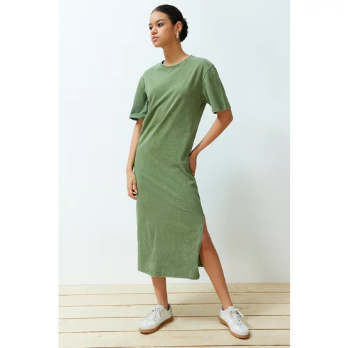 Trendyol Khaki 100% Cotton Antique Effect Slit Shift/Comfortable Fit Knitted Midi Dress