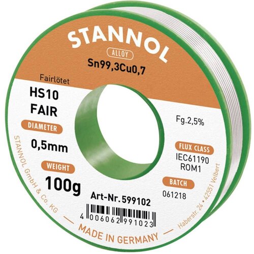 Stannol HS10-Fair spajkalna palica tuljava Sn99\,3Cu0\,7 ROM1 100 g 0.5 mm, (20428789) Slike