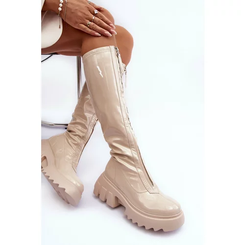 Kesi Lacquered boots on a massive platform with zipper, Beige Ringo