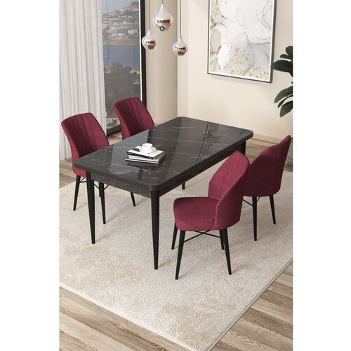 Hanah home arp - black marble, burgundy black marbleburgundy dining table & chairs set (5 pieces) Cene