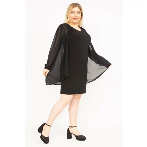 Şans Women's Black Plus Size Chiffon Cape Cuff Stone Detailed Dress