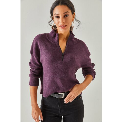 Olalook Women's Plum Zipper Stand-Up Collar Rack Sweater Slike