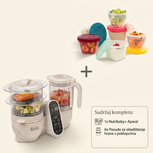 Babymoov Aparat za pripremu hrane Nutribaby, Bež + posude za čuvanje hrane za bebe Babybols, 6 komada, 180ml Slike