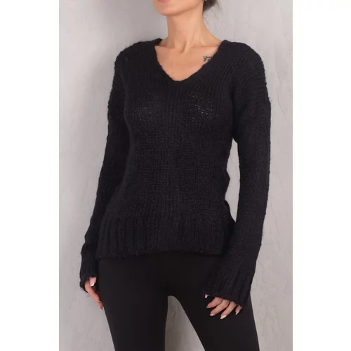 armonika Women's Dark Navy Blue V-Neck Knit Sweater