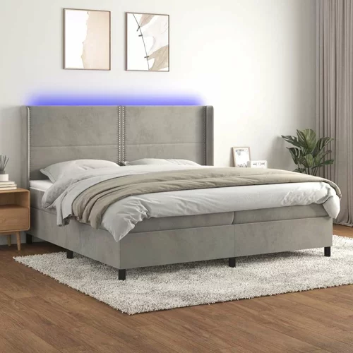  Krevet box spring s madracem LED svjetlosivi 200x200 cm baršun