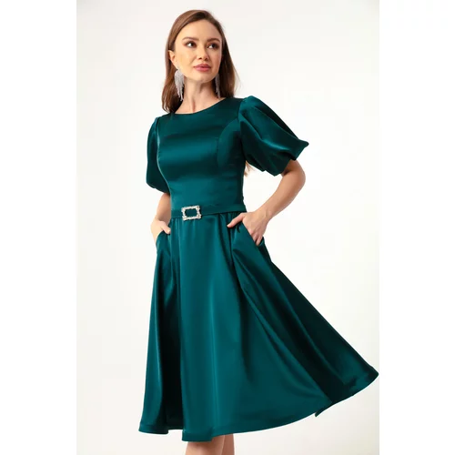 Lafaba Women's Mini Satin Evening Dress with Oil Balloon Sleeves and Stones and a Belt.