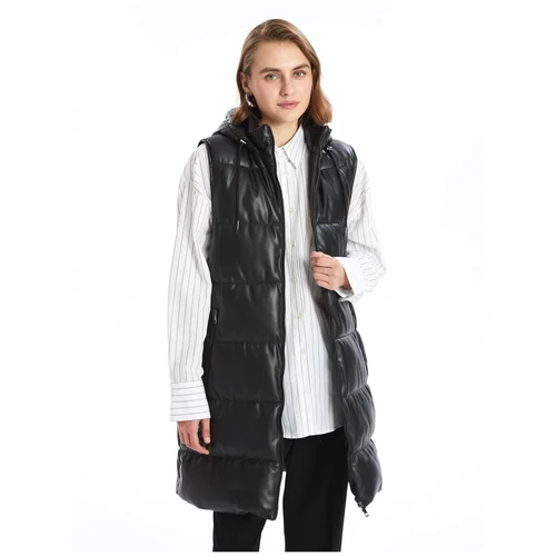 LC Waikiki Hooded Plain Leather Look Women's Puffer Vest