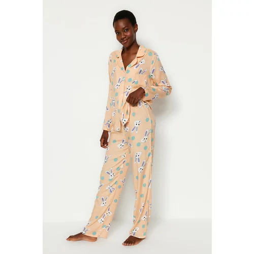 Trendyol Salmon Rabbit Pattern Viscose Shirt-Pants, Woven Pajamas Set
