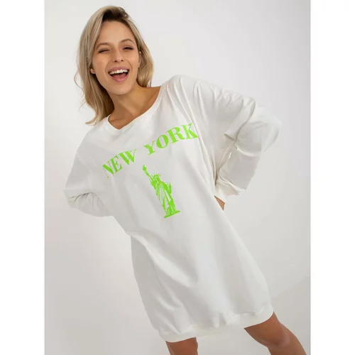 Fashion Hunters Ecru-green long oversize sweatshirt with a print
