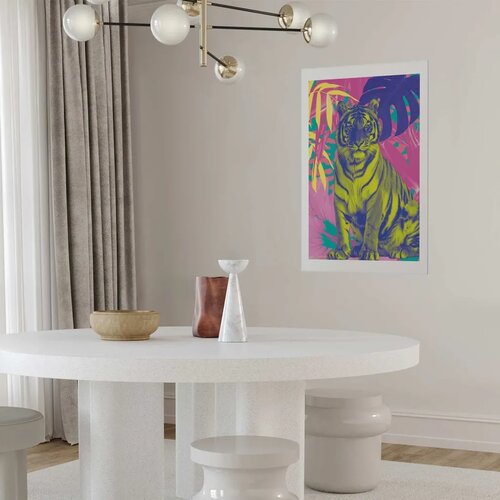  Plakat - Colorful Tiger - intense colors of a tiger surrounded by tropical plants 60x90 Bez okvira s margom Slike