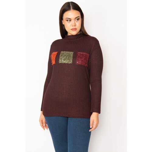 Şans Women&amp;#039;s Plus Size Burgundy Turtleneck Front Detailed Blouse Slike