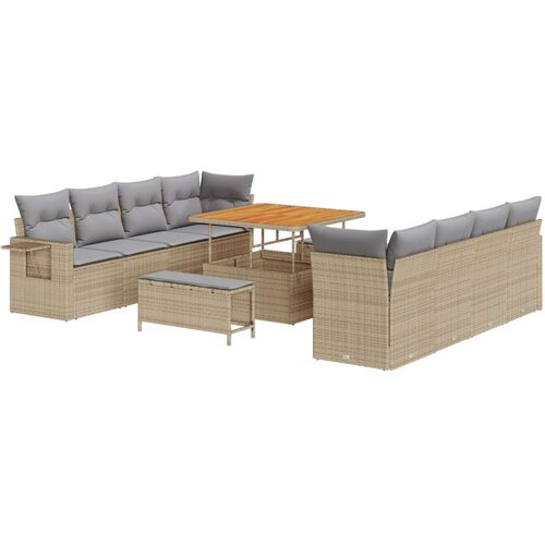  11-dijelni Vrtni Sofa Set s Jastucima Bež Poli Ratan Akacija 3-dijelni Vrtni Set za Jelo s Jastucima Bež Poli Ratan Akacija Slike