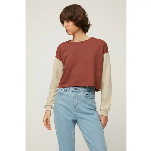 Trendyol Brown Crop Color Block Slim Knitted Sweatshirt