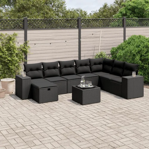 vidaXL 9-dijelni set vrtnih sofa s jastucima crni od poliratana