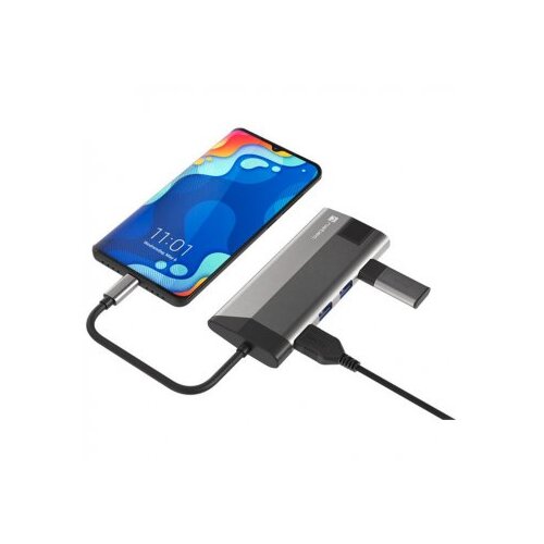  Fowler plus, usb type-c 6-in-1 multi-port adapter (USB3.0 hub + hdmi + pd + sd/microsd card reader + gigabit lan), max. output 100W, grey Slike