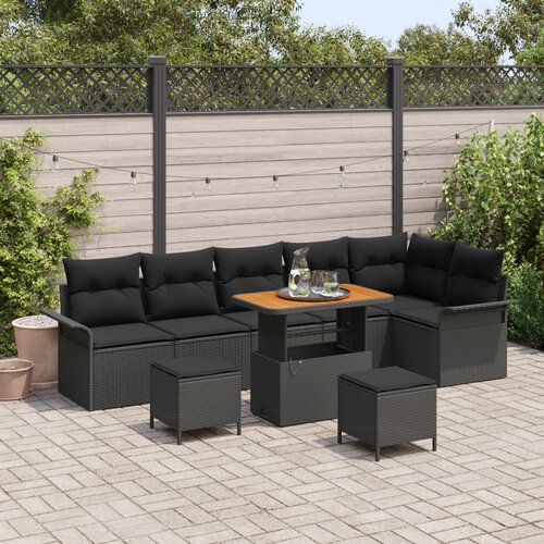 VidaXL 9-delni vrtni sofa set s blazinami Črna Poly Ratan Akacija, 2-sedežni vrtna sofa s blazinami Črna Poly Ratan, 3-delni vrtni jedilni set s blazinami Črna Poly Ratan Akacija Slike