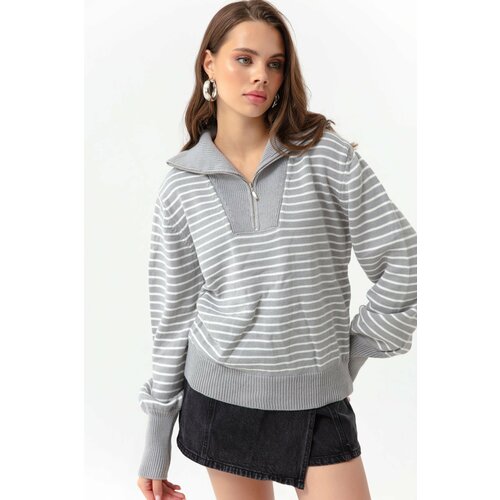 Lafaba Women's Gray Zipper Detailed Striped Knitwear Sweater Slike