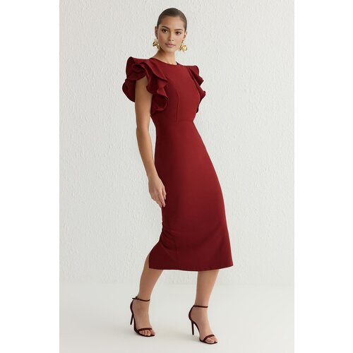 Trendyol Burgundy Body-Styling Flounce Detail Elegant Dress Cene