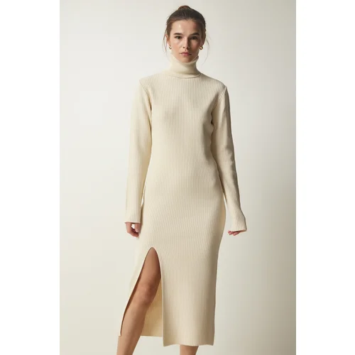  Women's Cream Turtleneck Slit Knitwear Dress