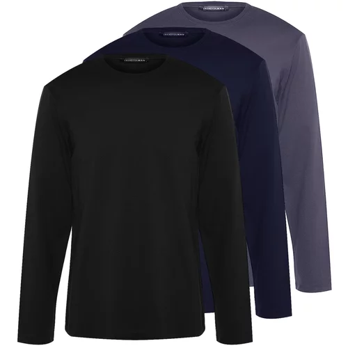 Trendyol Black-Navy Blue-Dark Gray Men's 3-Pack 100% Cotton Long Sleeve Slim/Tight Fit Basic T-Shirt