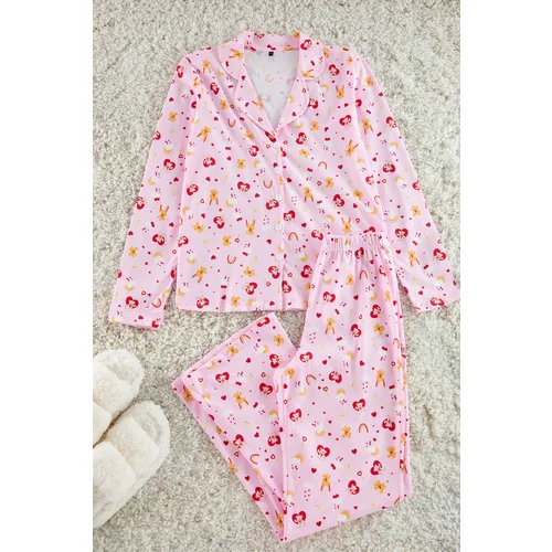 Trendyol Pink 100% Cotton Shirt-Pants Knitted Pajama Set