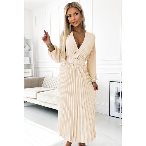 numoco basic 504-7 VIVIANA Pleated midi dress with scoop neckline, long sleeves and wide belt - light beige Cene