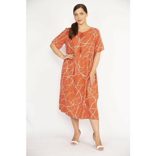 Şans Women's Orange Plus Size Woven Viscose Fabric Short Sleeve Dress Cene