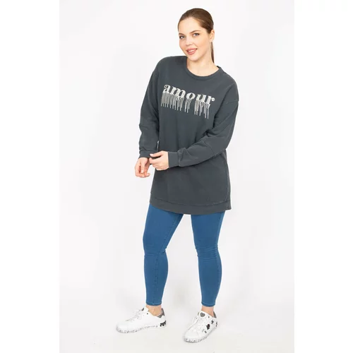 Şans Women's Smoky Plus Size Stone Detailed Sweatshirt