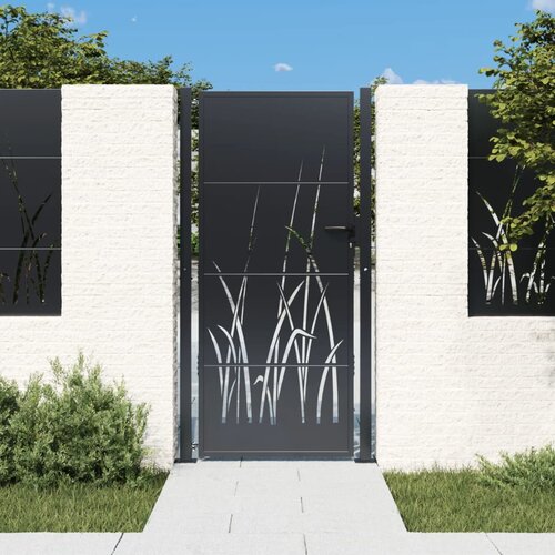 VidaXL vrtna vrata antracit 105 x 205 cm čelična s uzorkom trave Slike