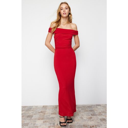 Trendyol Red Maxi Fitted Carmen Neck Stretchy Knitted Maxi Dress Slike